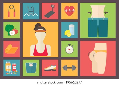Fitness, sport equipment, caring figure and diet icons. Healthcare and weight loss illustration.  Flat design vector icons set.