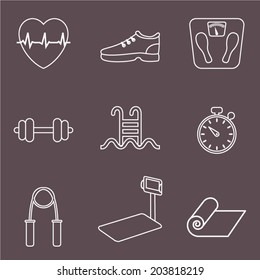 Fitness, sport equipment and caring figure icons set. Healthcare and weight loss line icons vector.