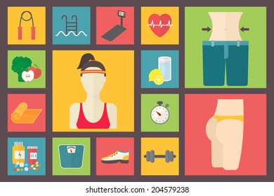 Fitness, Sport Equipment, Caring Figure, Diet, Weight Loss Icons Set. Healthcare Flat Design Vector Illustration.