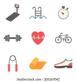 Fitness, sport equipment and caring figure icons set. Healthcare and weight loss flat design vector illustration.