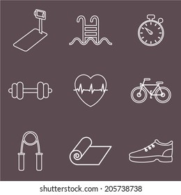 Fitness, sport equipment and caring figure icons set. Healthcare and weight loss flat design vector illustration.