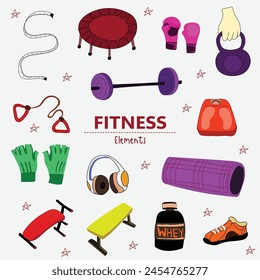 Fitness sport equipment icons set. Vector illustration in flat style.
