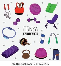 Fitness sport equipment icons set. Vector illustration in flat style.