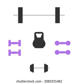 Fitness sport equipment. Set of dumbbells, barbell and kettlebell. Flat style. Isolated vector illustration