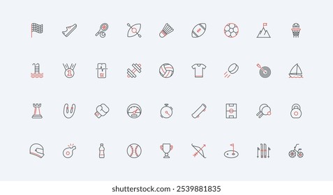 Fitness, sport equipment and trophy line icon set. Shuttlecock and dumbbell, soccer field and ball for baseball football basketball volleyball thin black and red outline symbols vector illustration