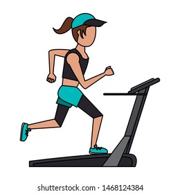 fitness sport excercise lifestyle woman running over walking machine cartoon vector illustration graphic design