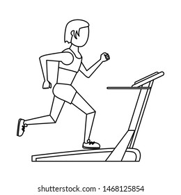 fitness sport excercise lifestyle woman running over walking machine cartoon vector illustration graphic design