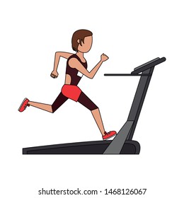 fitness sport excercise lifestyle woman running over walking machine cartoon vector illustration graphic design