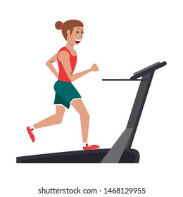 fitness sport excercise lifestyle woman running over walking machine cartoon vector illustration graphic design