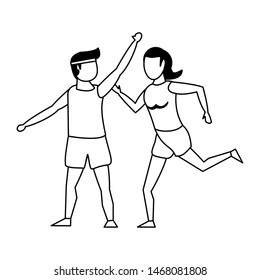 fitness sport exercise lifestyle, couple doing stretching for workout, gym and yoga training cartoon vector illustration graphic design