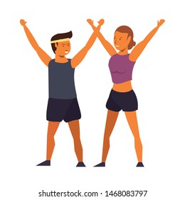 fitness sport exercise lifestyle, couple doing stretching for workout, gym and yoga training cartoon vector illustration graphic design