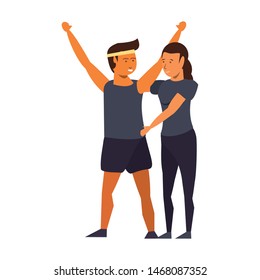 fitness sport exercise lifestyle, couple doing stretching for workout, gym and yoga training cartoon vector illustration graphic design