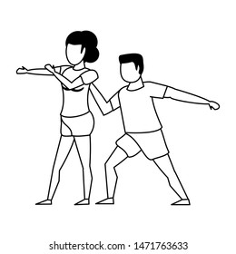 fitness sport exercise lifestyle, couple doing stretching for workout, gym and yoga training cartoon vector illustration graphic design