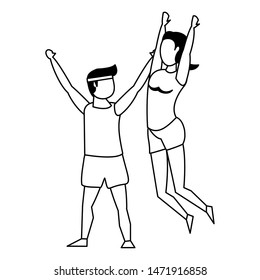 fitness sport exercise lifestyle, couple doing stretching for workout, gym and yoga training cartoon vector illustration graphic design