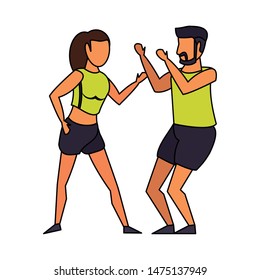 fitness sport exercise lifestyle, couple doing stretching for workout, gym and yoga training cartoon vector illustration graphic design