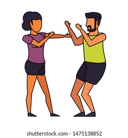 fitness sport exercise lifestyle, couple doing stretching for workout, gym and yoga training cartoon vector illustration graphic design