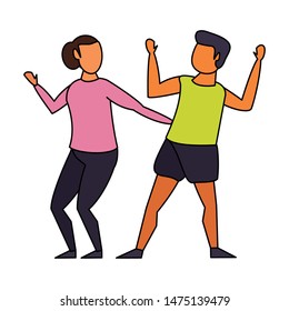 fitness sport exercise lifestyle, couple doing stretching for workout, gym and yoga training cartoon vector illustration graphic design
