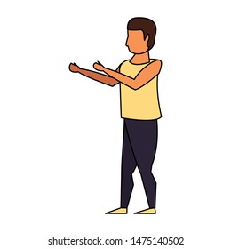 fitness sport exercise lifestyle, man doing stretching for workout, gym and yoga training cartoon vector illustration graphic design