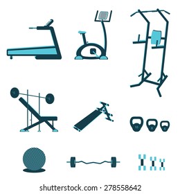 Fitness sport gym exercise equipment workout flat set concept. Vector illustration