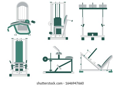 Juego De Entrenamiento De Equipos De Simuladores De Ejercicio Fitness Sport. Conjunto de máquinas deportivas mecánicas y eléctricas, elípticas y eléctricas. Equipos de entrenamiento. Ilustración plana vectorial