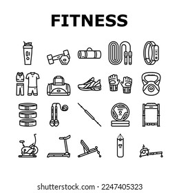 fitness sport gym healthy icons set vector. exercise health, workout weight, training lifestyle, activity diet, muscle dumbbell fitness sport gym healthy black contour illustrations