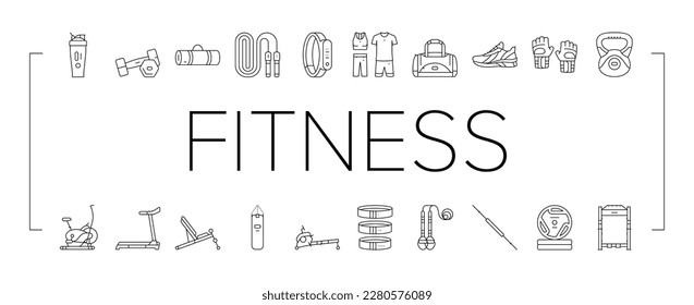 fitness sport gym healthy icons set vector. exercise health, workout weight, training lifestyle, activity diet, muscle dumbbell fitness sport gym healthy black contour illustrations