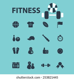 fitness, sport, gym isolated flat icons, signs, symbols illustrations, images, silhouettes on background, vector