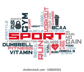 Fitness, sport, gym, lifestyle health concept.  Word and Icon Cloud. Motivation. T-shirt design. Typography. Creative poster design.