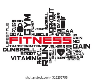 Fitness, deporte, gimnasia, concepto de salud de estilo de vida.  Nube de iconos y palabras. Diseño de camisetas. Tipografía. Diseño creativo de afiches. Motivación.