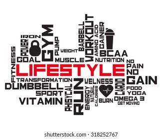 Fitness, sport, gym, lifestyle health concept.  Word and Icon Cloud. Motivation. T-shirt design. Typography. Creative poster design.