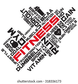 Fitness, sport, gym, lifestyle health concept.  Word and Icon Cloud: Gym, run, workout, nutrition, lifestyle, sport, lettering, motivation  text, burn calories, pump iron, cardio.