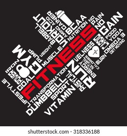 Fitness, sport, gym, lifestyle health concept.  Word and Icon Cloud: Gym, run, workout, nutrition, lifestyle, sport, lettering, motivation  text, burn calories, pump iron, cardio.