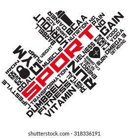 Fitness, sport, gym, lifestyle health concept.  Word and Icon Cloud: Gym, run, workout, nutrition, lifestyle, sport, lettering, motivation  text, burn calories, pump iron, cardio.
