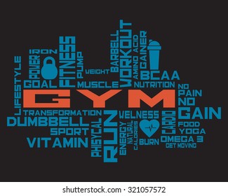 Fitness, sport, gym, lifestyle health concept. Word and Icon Cloud. T-shirt design. Typography. Motivation. Creative poster design.