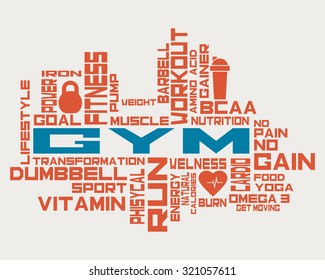 Fitness, sport, gym, lifestyle health concept. Word and Icon Cloud. T-shirt design. Typography. Motivation. Creative poster design.