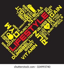 Fitness, sport, gym, lifestyle health concept. Word and Icon Cloud. T-shirt design. Typography. Creative poster design. Motivation.