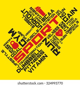 Fitness, sport, gym, lifestyle health concept. Word and Icon Cloud. T-shirt design. Typography. Creative poster design. Motivation.