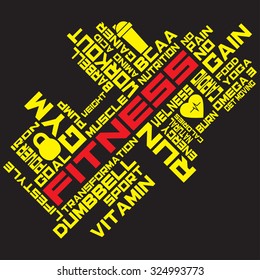 Fitness, sport, gym, lifestyle health concept. Word and Icon Cloud. T-shirt design. Typography. Creative poster design. Motivation.