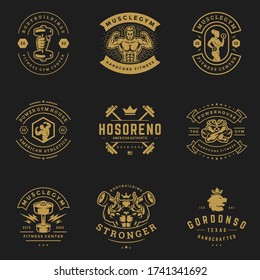 Fitness and sport gym logos and badges design set vector illustration. Retro typographic labels with sport equipment signs and silhouettes.