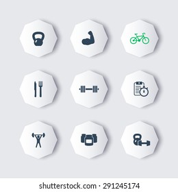 fitness, sport, gym octagon modern icons with shadows, vector illustration, eps10, easy to edit