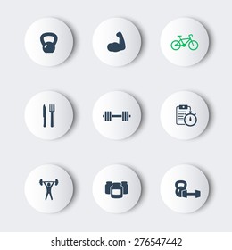 fitness, sport, gym round modern icons with shadows, vector illustration, eps10, easy to edit