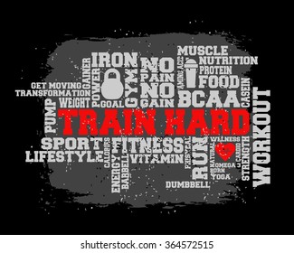 Fitness, sport, gym, run, lifestyle health concept.  Word and Icon Cloud.  T-shirt design. Typography. Creative poster design. Motivation.