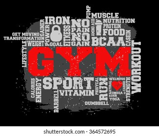 Fitness, sport, gym, run, lifestyle health concept.  Word and Icon Cloud.  T-shirt design. Typography. Creative poster design. Motivation.