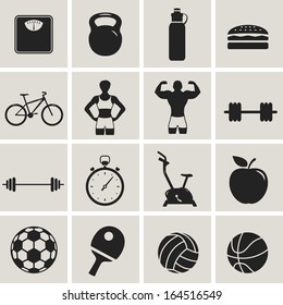 fitness sport and health black web icon set. vector illustration