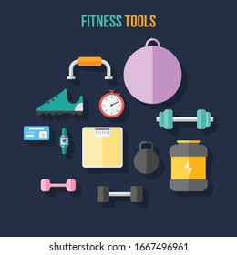 fitness sport and health colorful flat design icons set.