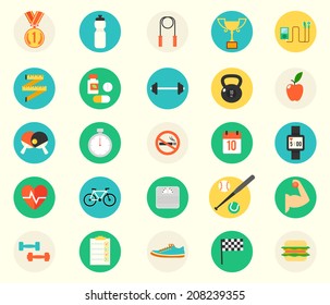 fitness sport and health colorful flat design icons set. template elements for web and mobile applications