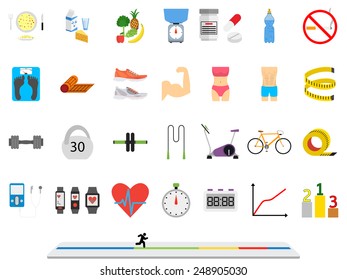 Fitness sport and health colorful flat design icons set. Illustration on a white background