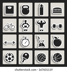 fitness sport and health flat design icon set. paper stickers template elements for web and mobile applications