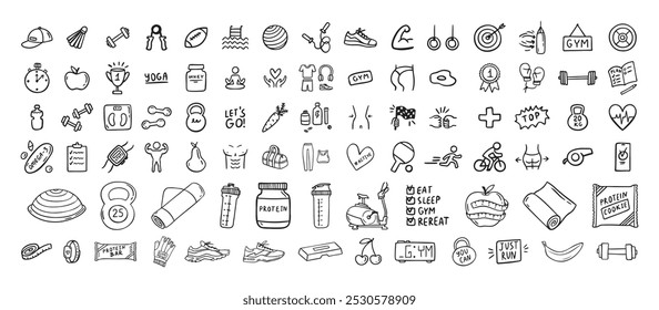 Iconos de la aptitud, del deporte y de la salud garabato dibujado a mano conjunto. Símbolos aislados de estilo de vida saludable. Ilustración vectorial