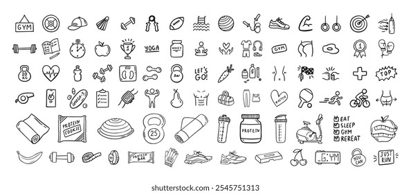 Iconos de la aptitud, del deporte y de la salud garabato dibujado a mano conjunto. Símbolos aislados de estilo de vida saludable. Ilustración vectorial